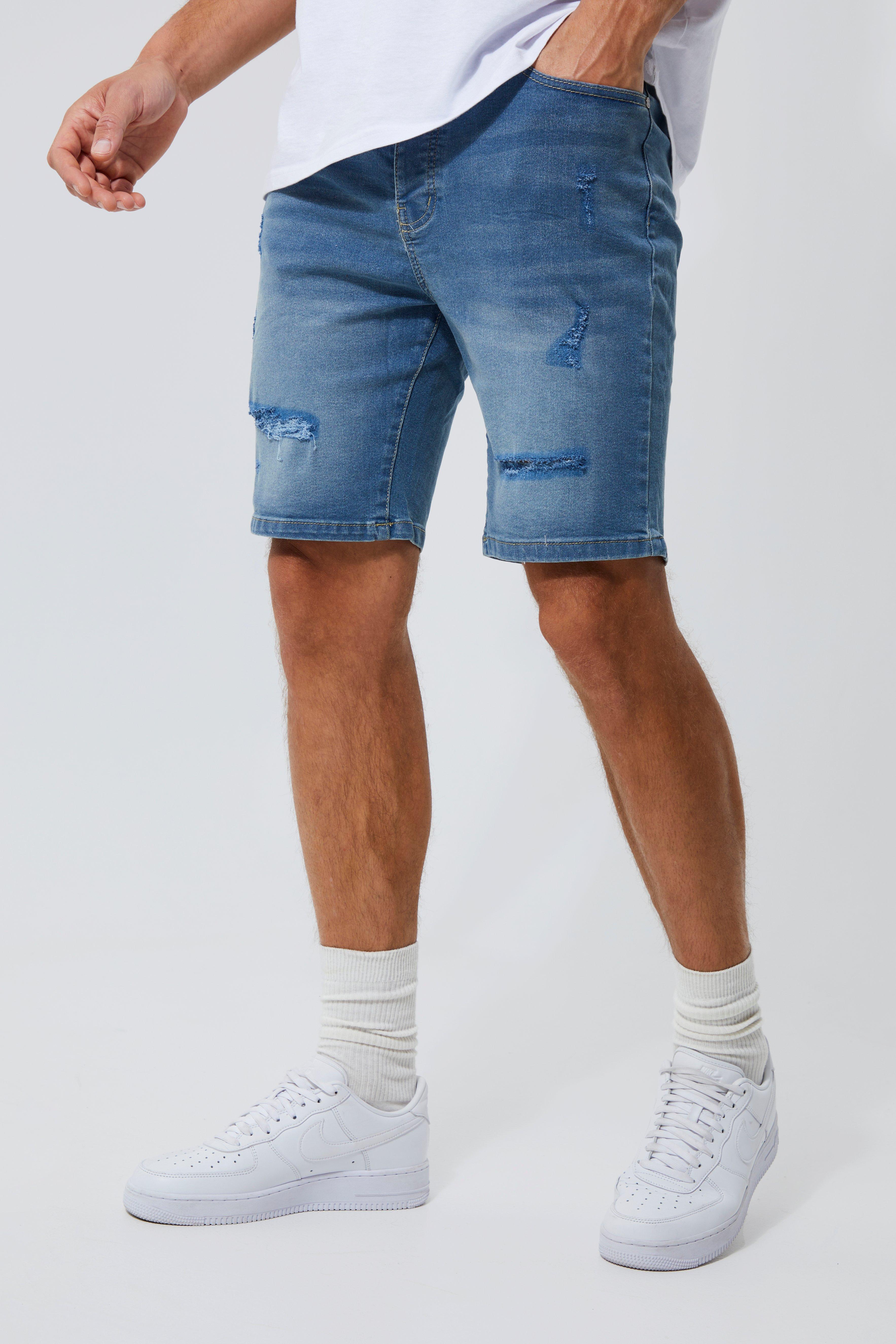 Mens Blue Tall Skinny Stretch Distressed Denim Short, Blue